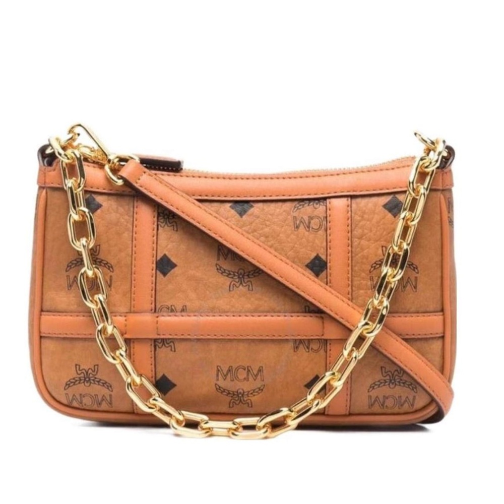 MCM Cognac Logo Print Shoulder Bag with Gold Chain
